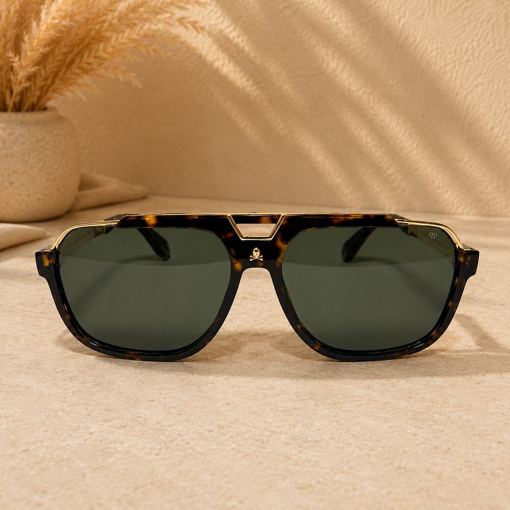 Philipp Plein Plein Military Dark Havana Square Sunglasses Green Lenses - Picture 2 of 2